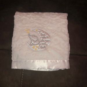 White "I love you too the moon and back" blanket